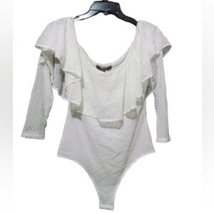 BCBGMAXAZRIA White Lace Ruffle Bodysuit
